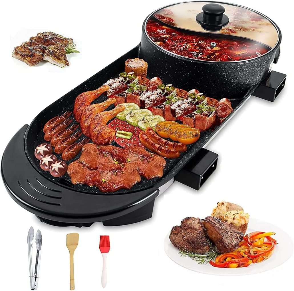 Panghuhu88 2 in 1 Smokeless Electric Teppanyaki Grill and Hot Pot